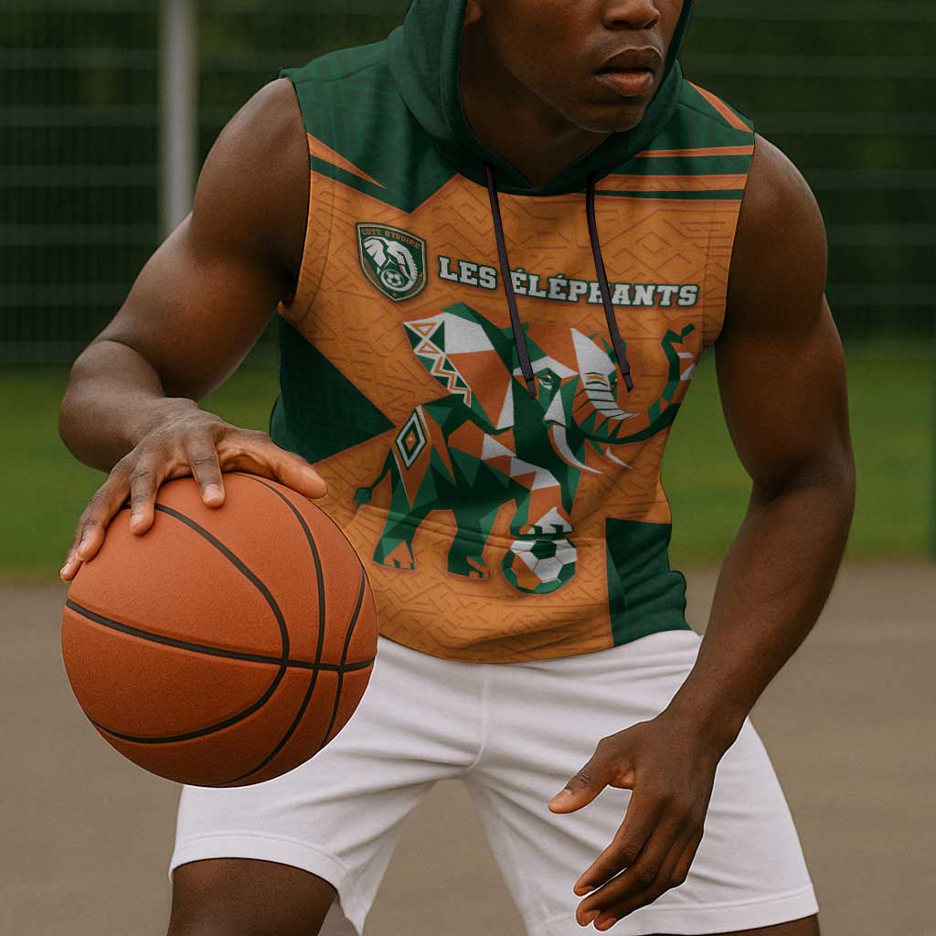 Custom Ivory Coast Football Sleeveless Hoodie Elephant Geometric African Art Style