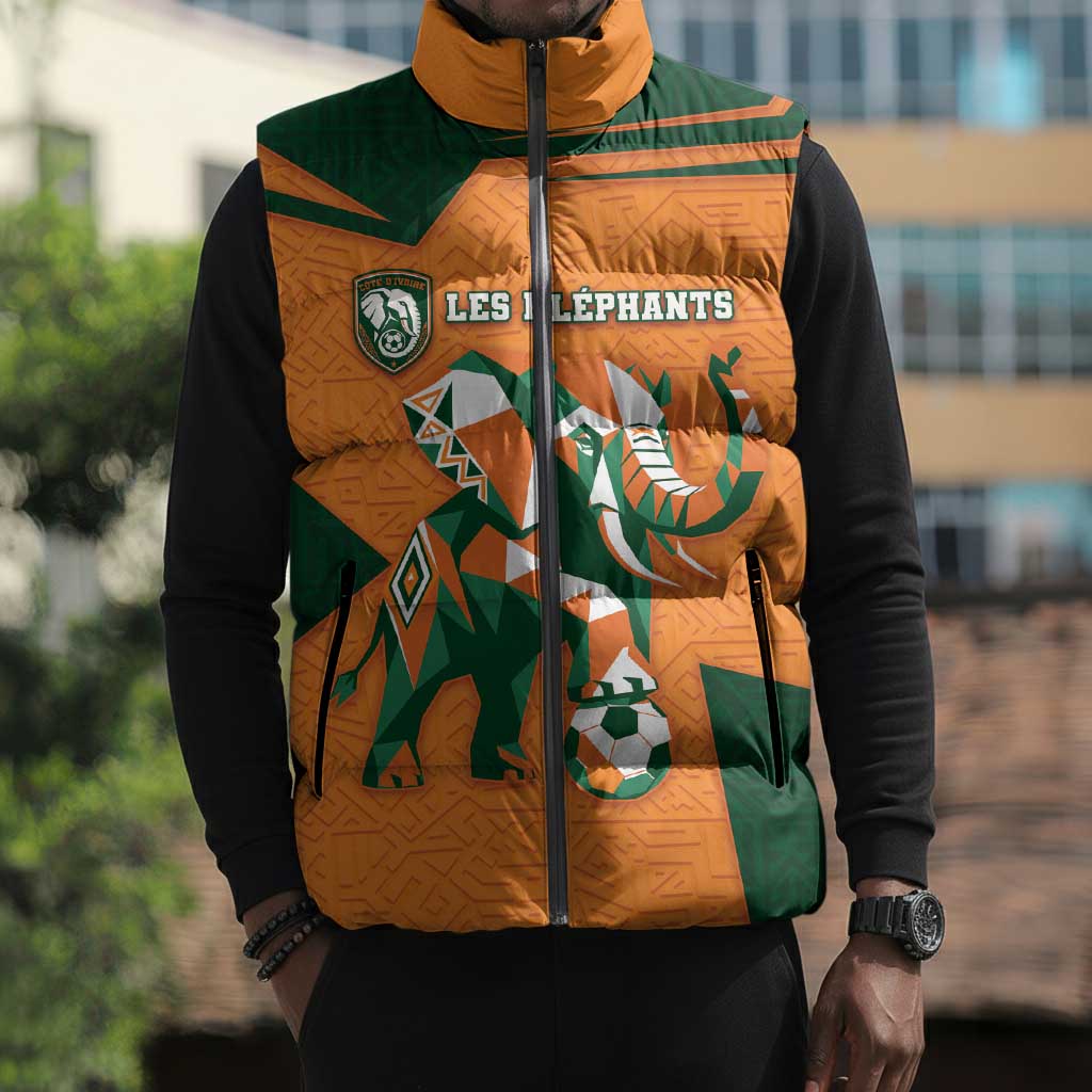 Custom Ivory Coast Football Sleeveless Puffer Jacket Elephant Geometric African Art Style
