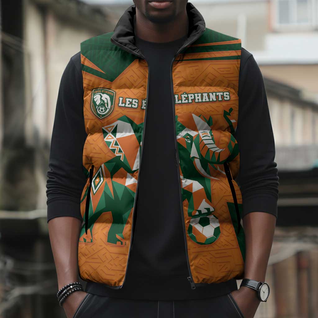 Custom Ivory Coast Football Sleeveless Puffer Jacket Elephant Geometric African Art Style