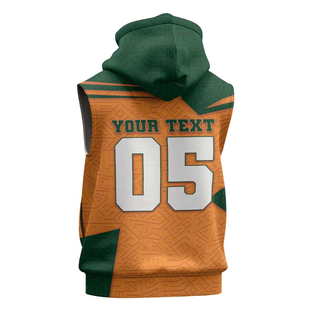 Custom Ivory Coast Football Sleeveless Zip Hoodie Elephant Geometric African Art Style