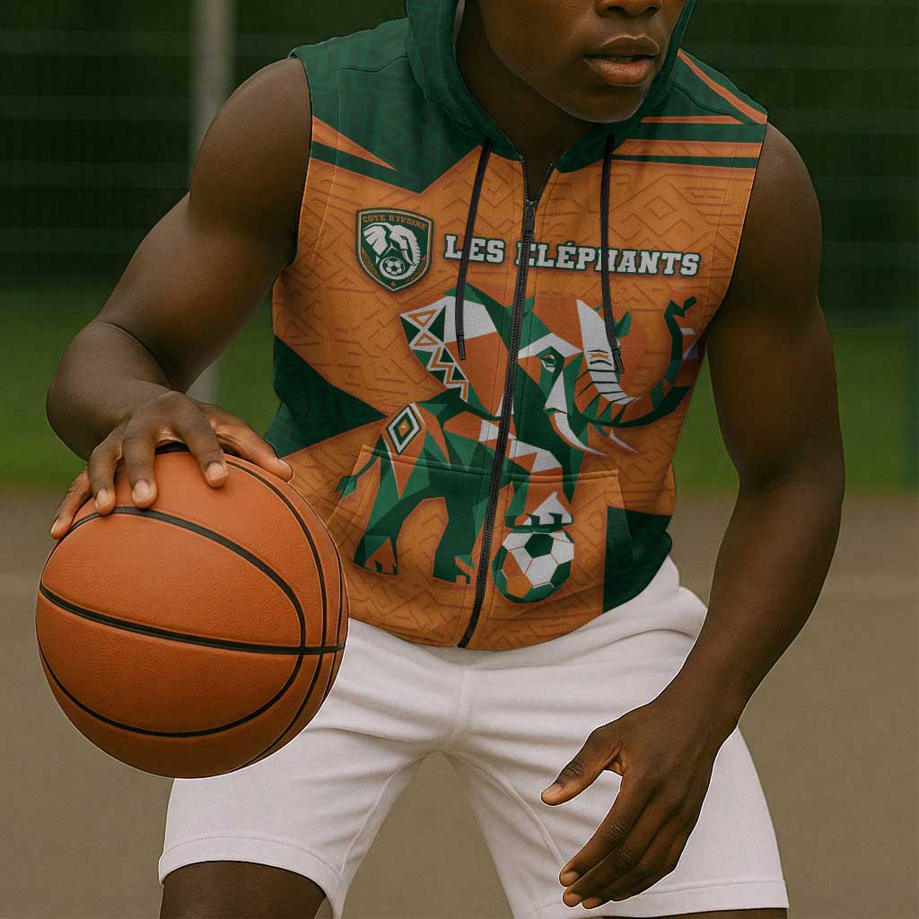 Custom Ivory Coast Football Sleeveless Zip Hoodie Elephant Geometric African Art Style