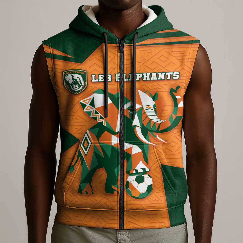 Custom Ivory Coast Football Sleeveless Zip Hoodie Elephant Geometric African Art Style