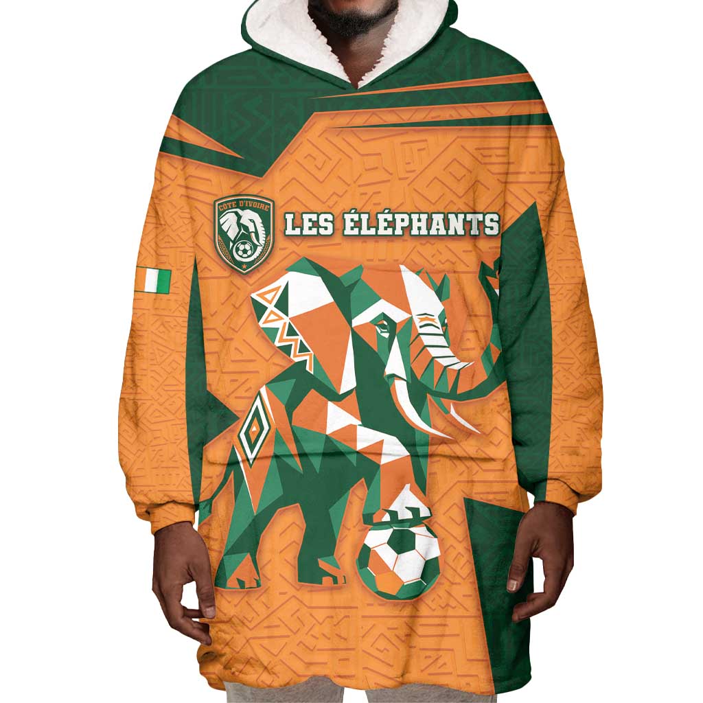 Custom Ivory Coast Football Wearable Blanket Hoodie Elephant Geometric African Art Style