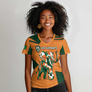 Custom Ivory Coast Football Women V-Neck T-Shirt Elephant Geometric African Art Style