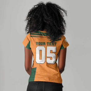 Custom Ivory Coast Football Women V-Neck T-Shirt Elephant Geometric African Art Style