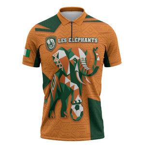 Custom Ivory Coast Football Zipper Polo Shirt Elephant Geometric African Art Style