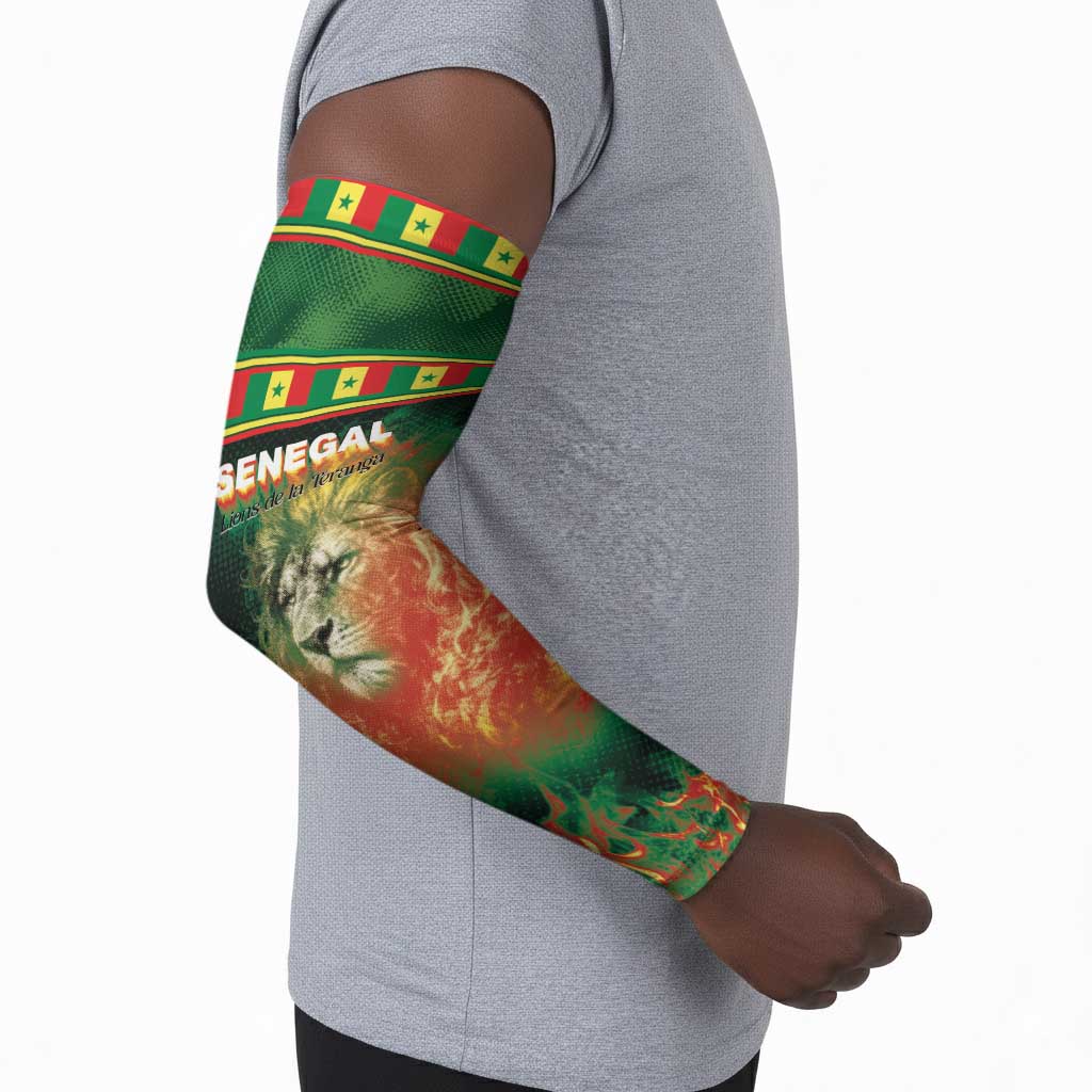Custom Senegal Football Arm Sleeves Fiery Lion Halftone Mix Gradient Map Style