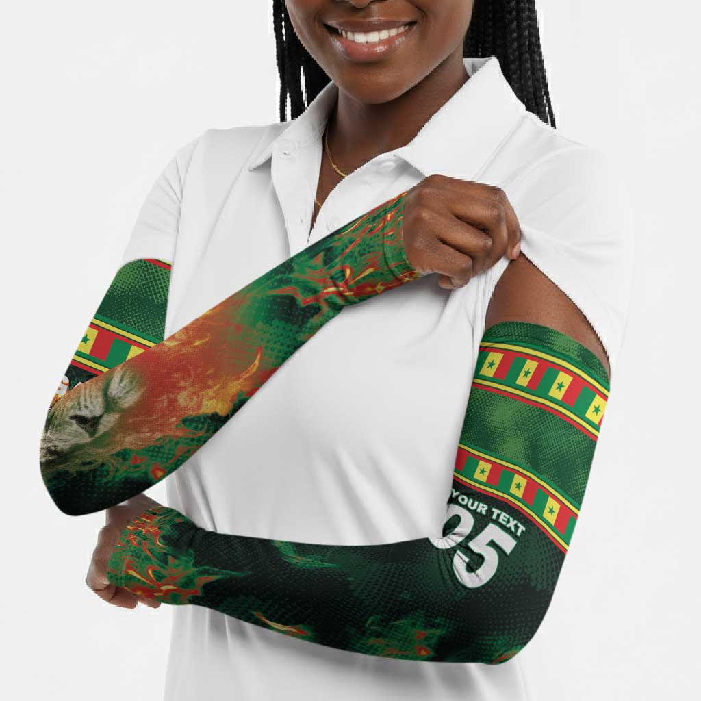 Custom Senegal Football Arm Sleeves Fiery Lion Halftone Mix Gradient Map Style