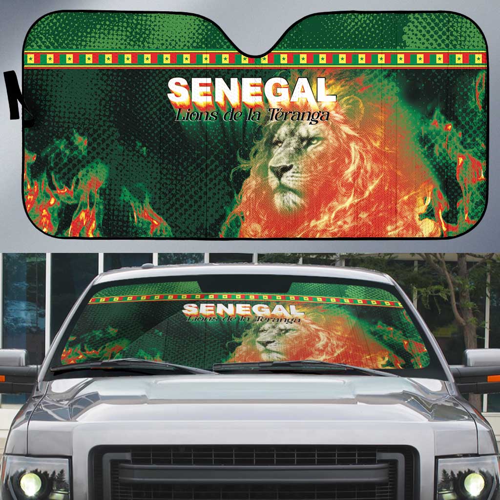 Senegal Football Auto Sun Shade Fiery Lion Halftone Mix Gradient Map Style