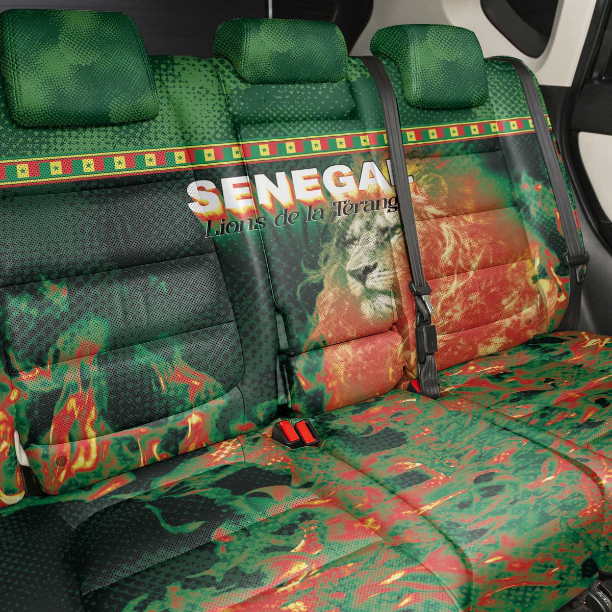Senegal Football Back Car Seat Cover Fiery Lion Halftone Mix Gradient Map Style