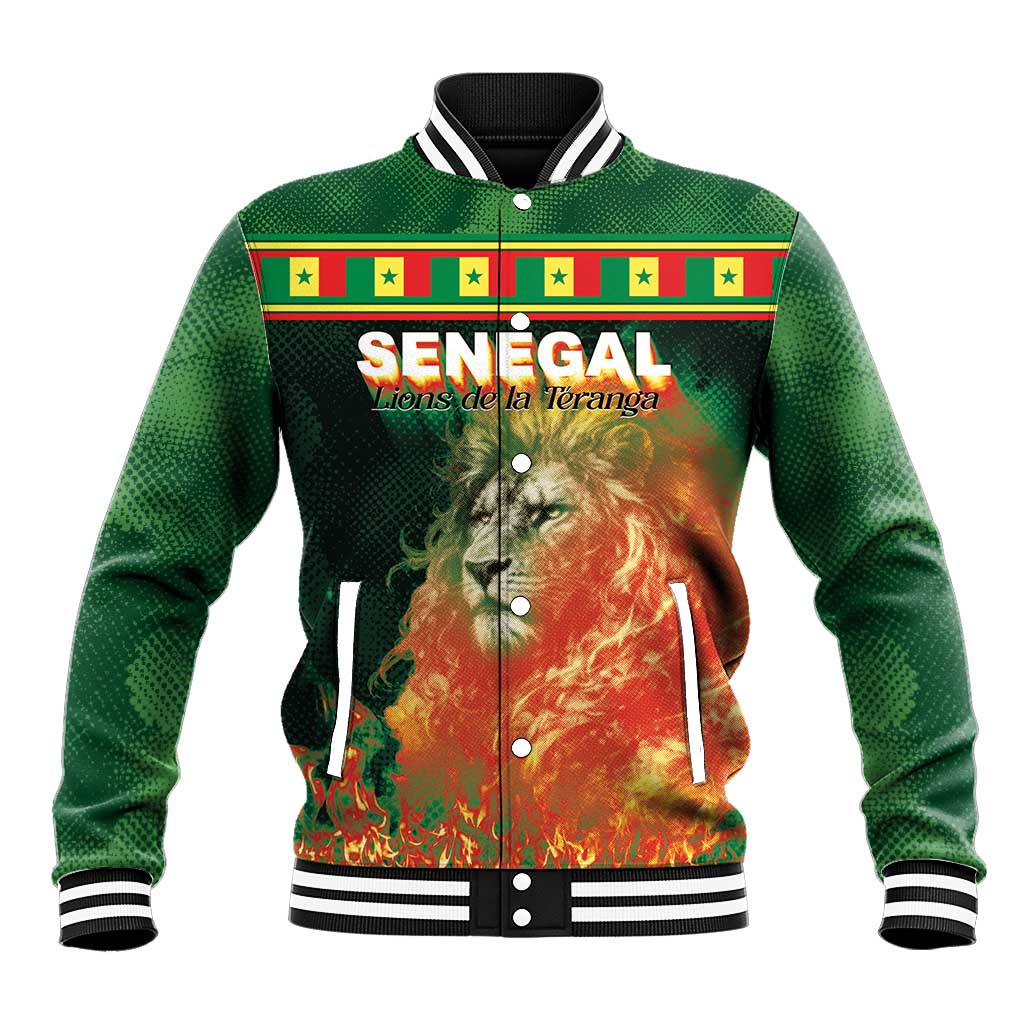 Custom Senegal Football Baseball Jacket Fiery Lion Halftone Mix Gradient Map Style