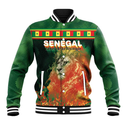 Custom Senegal Football Baseball Jacket Fiery Lion Halftone Mix Gradient Map Style
