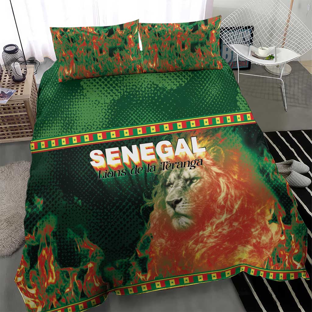 Senegal Football Bedding Set Fiery Lion Halftone Mix Gradient Map Style