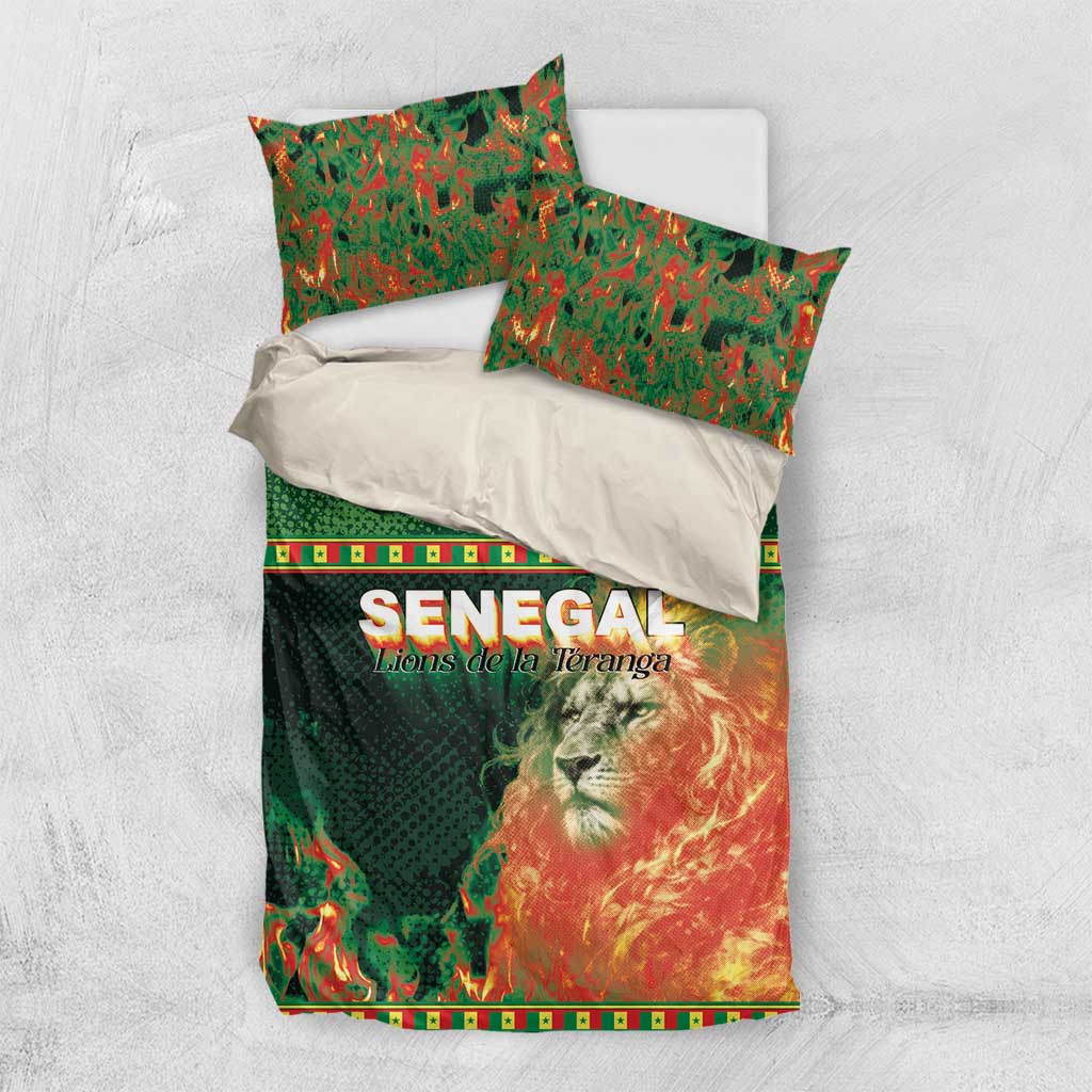 Senegal Football Bedding Set Fiery Lion Halftone Mix Gradient Map Style