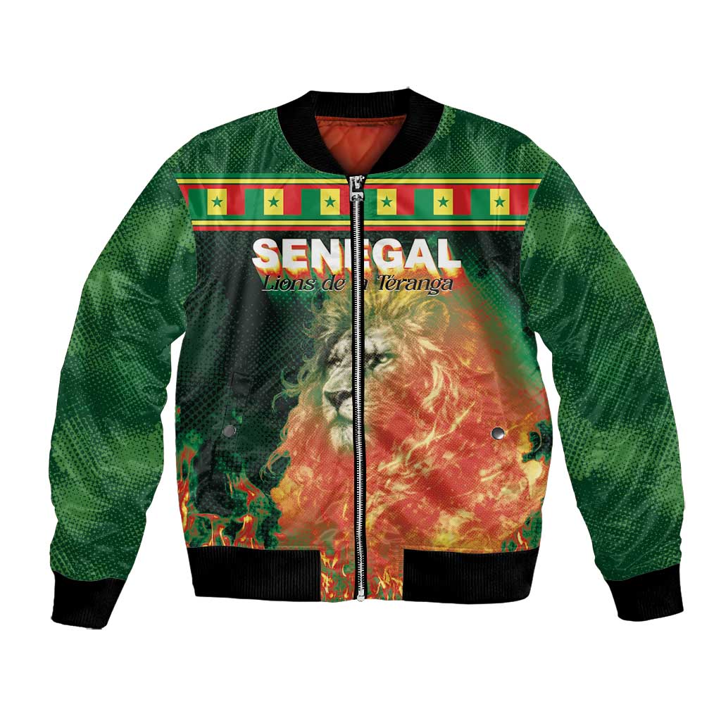 Custom Senegal Football Bomber Jacket Fiery Lion Halftone Mix Gradient Map Style