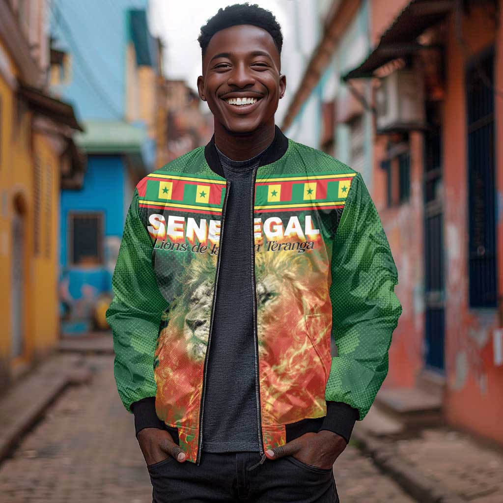 Custom Senegal Football Bomber Jacket Fiery Lion Halftone Mix Gradient Map Style