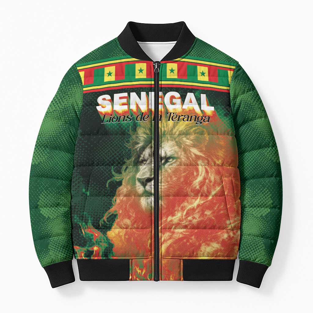 Custom Senegal Football Bomber Puffer Jacket Fiery Lion Halftone Mix Gradient Map Style