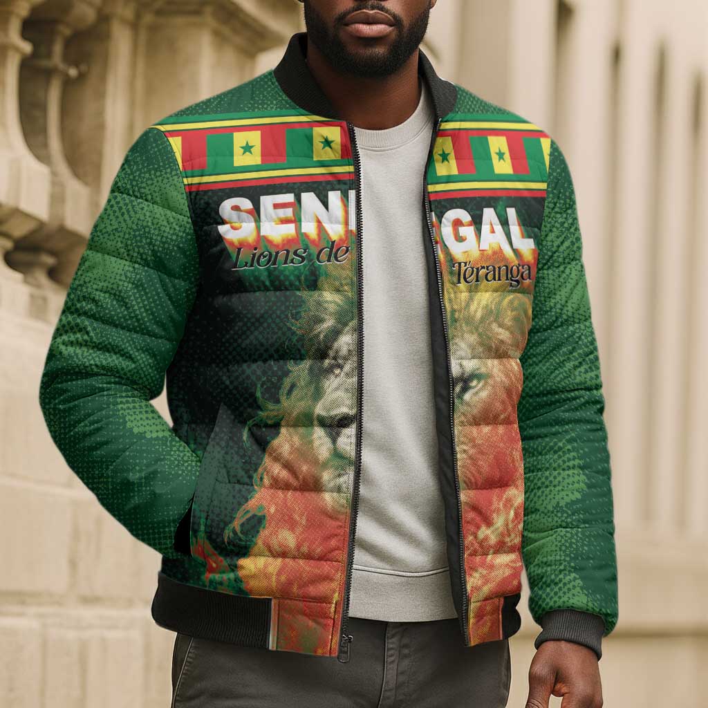 Custom Senegal Football Bomber Puffer Jacket Fiery Lion Halftone Mix Gradient Map Style