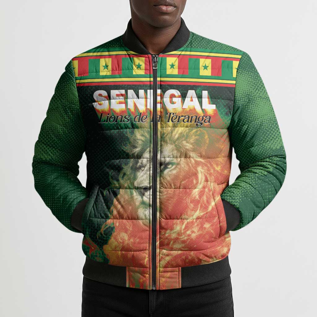 Custom Senegal Football Bomber Puffer Jacket Fiery Lion Halftone Mix Gradient Map Style