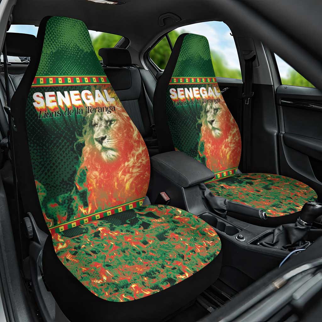 Senegal Football Car Seat Cover Fiery Lion Halftone Mix Gradient Map Style