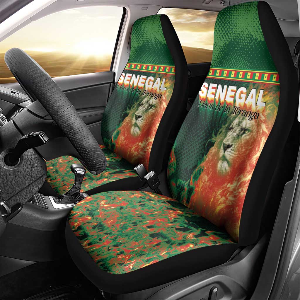 Senegal Football Car Seat Cover Fiery Lion Halftone Mix Gradient Map Style