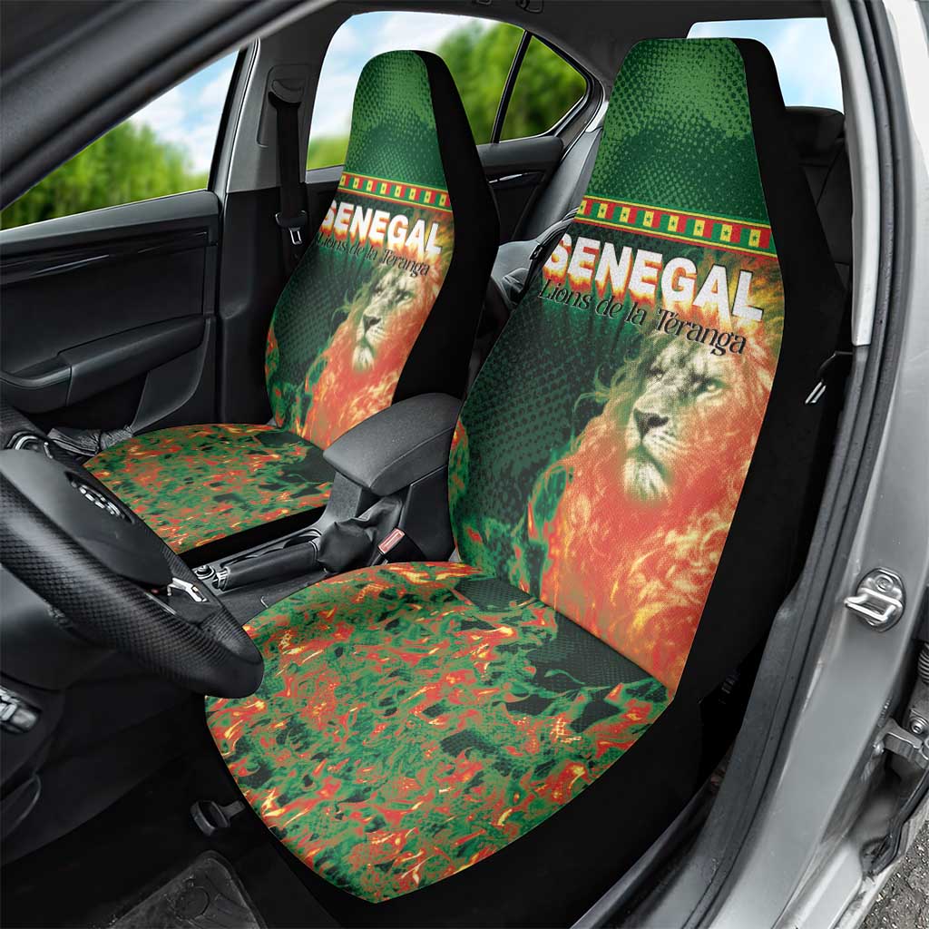Senegal Football Car Seat Cover Fiery Lion Halftone Mix Gradient Map Style