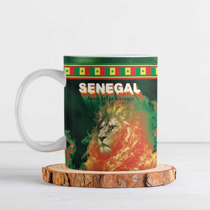 Custom Senegal Football Ceramic Mug Fiery Lion Halftone Mix Gradient Map Style
