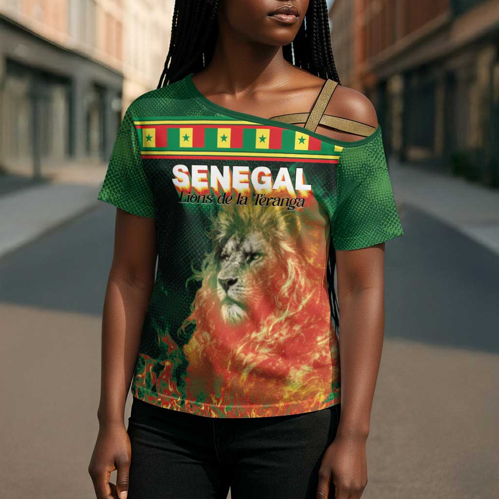 Custom Senegal Football Cross Shoulder Shirt Fiery Lion Halftone Mix Gradient Map Style