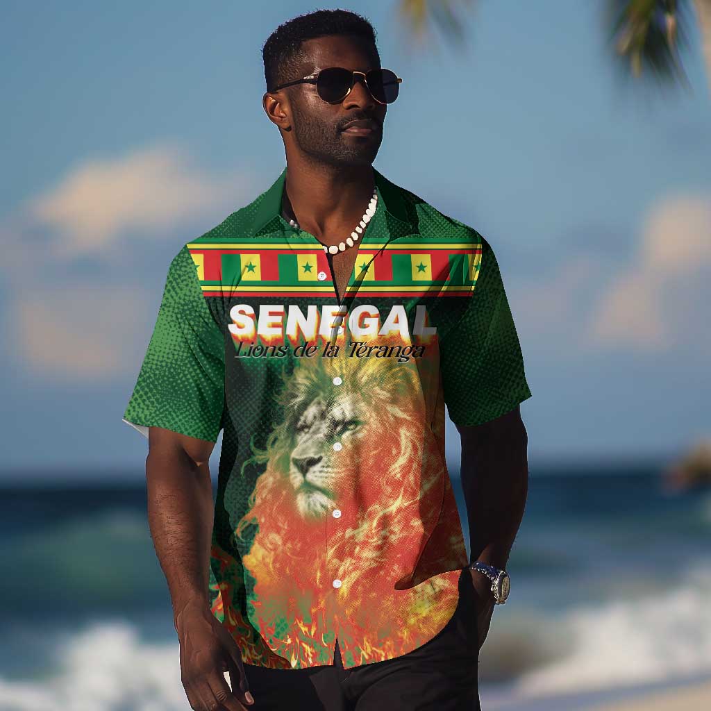 Custom Senegal Football Hawaiian Shirt Fiery Lion Halftone Mix Gradient Map Style