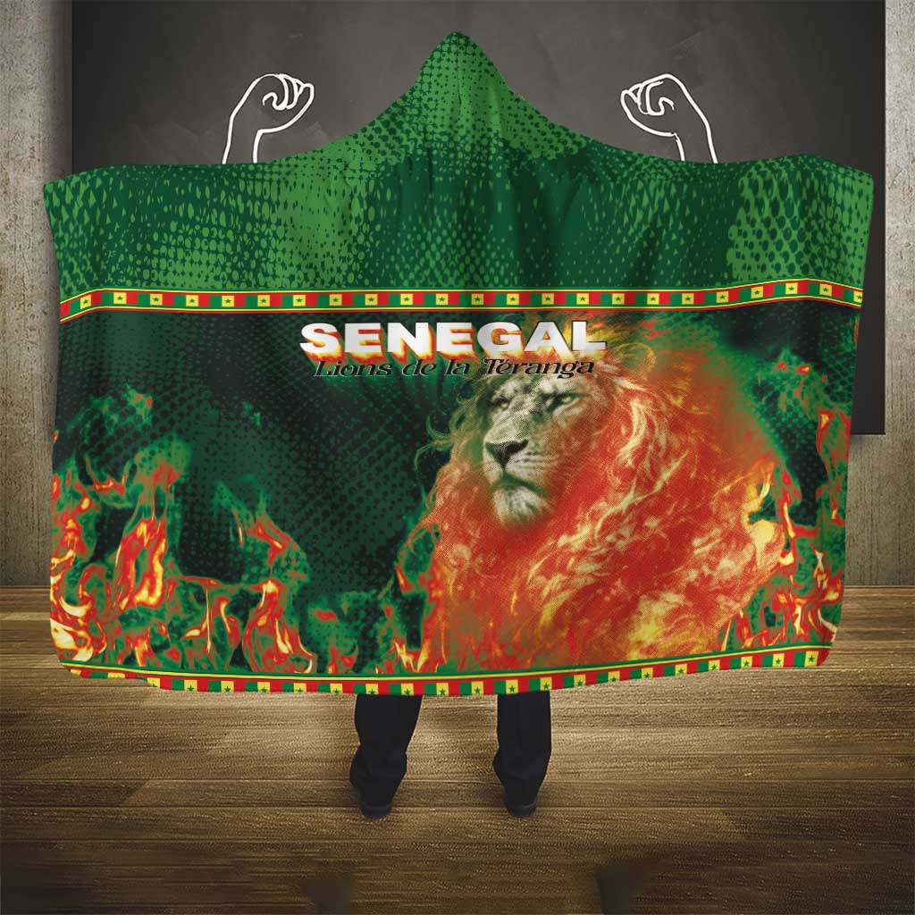 Senegal Football Hooded Blanket Fiery Lion Halftone Mix Gradient Map Style