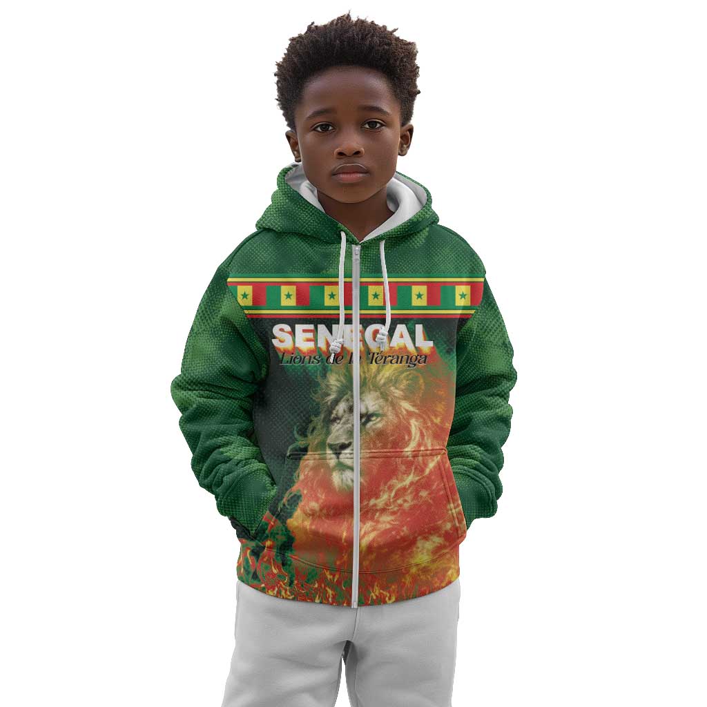 Custom Senegal Football Kid Hoodie Fiery Lion Halftone Mix Gradient Map Style