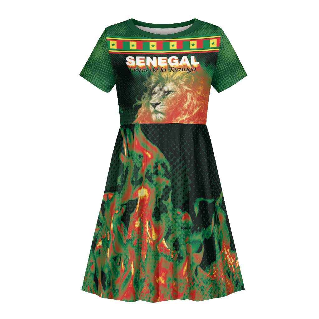 Custom Senegal Football Kid Short Sleeve Dress Fiery Lion Halftone Mix Gradient Map Style
