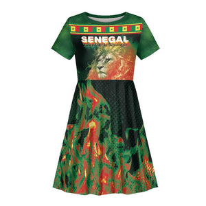 Custom Senegal Football Kid Short Sleeve Dress Fiery Lion Halftone Mix Gradient Map Style