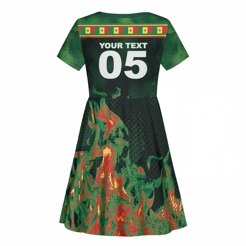 Custom Senegal Football Kid Short Sleeve Dress Fiery Lion Halftone Mix Gradient Map Style