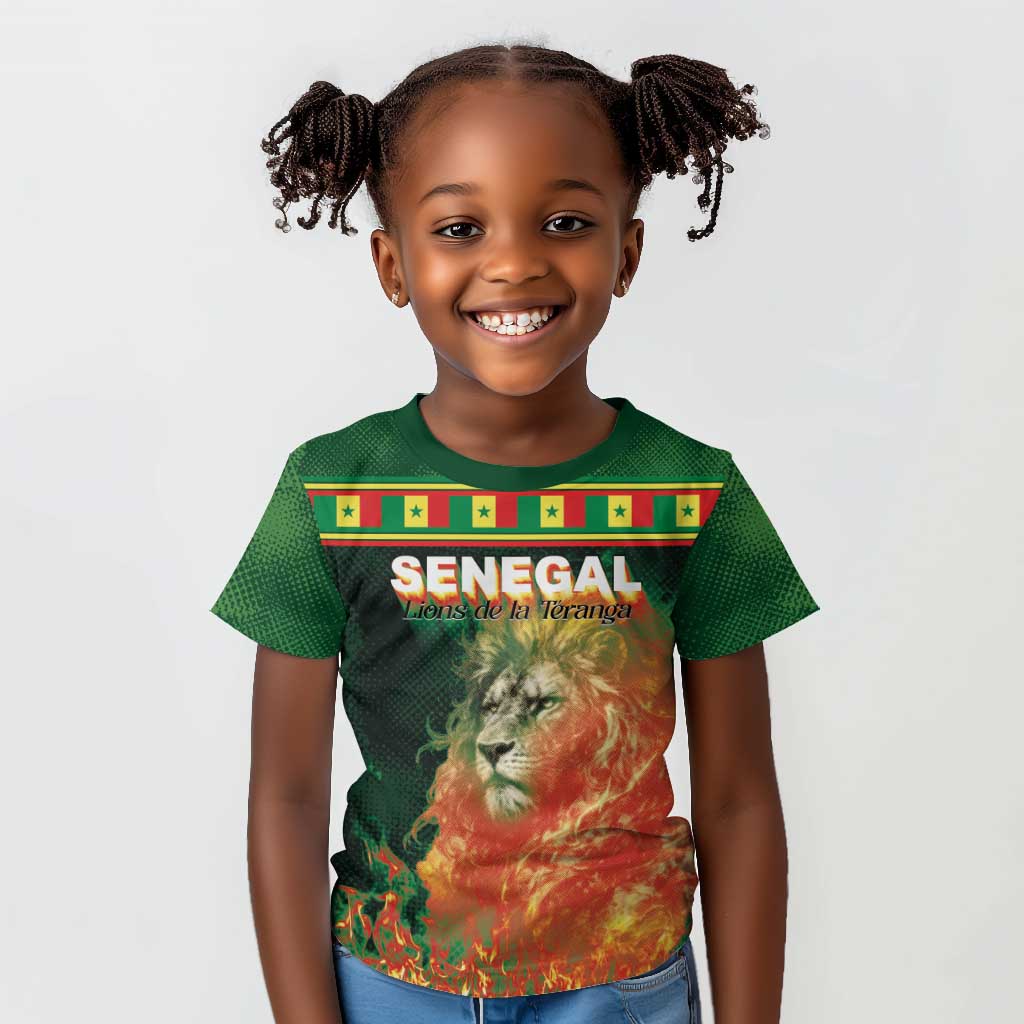 Custom Senegal Football Kid T shirt Fiery Lion Halftone Mix Gradient Map Style