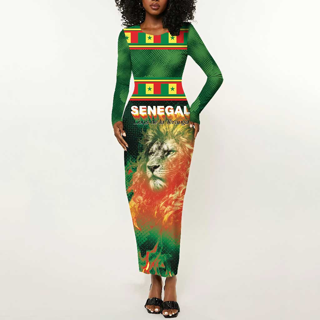 Custom Senegal Football Long Sleeve Bodycon Dress Fiery Lion Halftone Mix Gradient Map Style