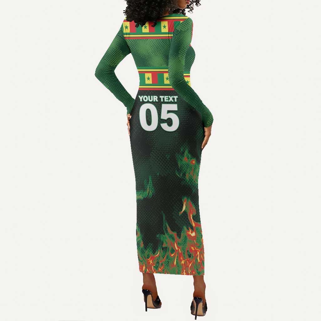 Custom Senegal Football Long Sleeve Bodycon Dress Fiery Lion Halftone Mix Gradient Map Style
