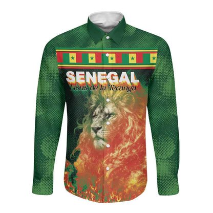 Custom Senegal Football Long Sleeve Button Shirt Fiery Lion Halftone Mix Gradient Map Style