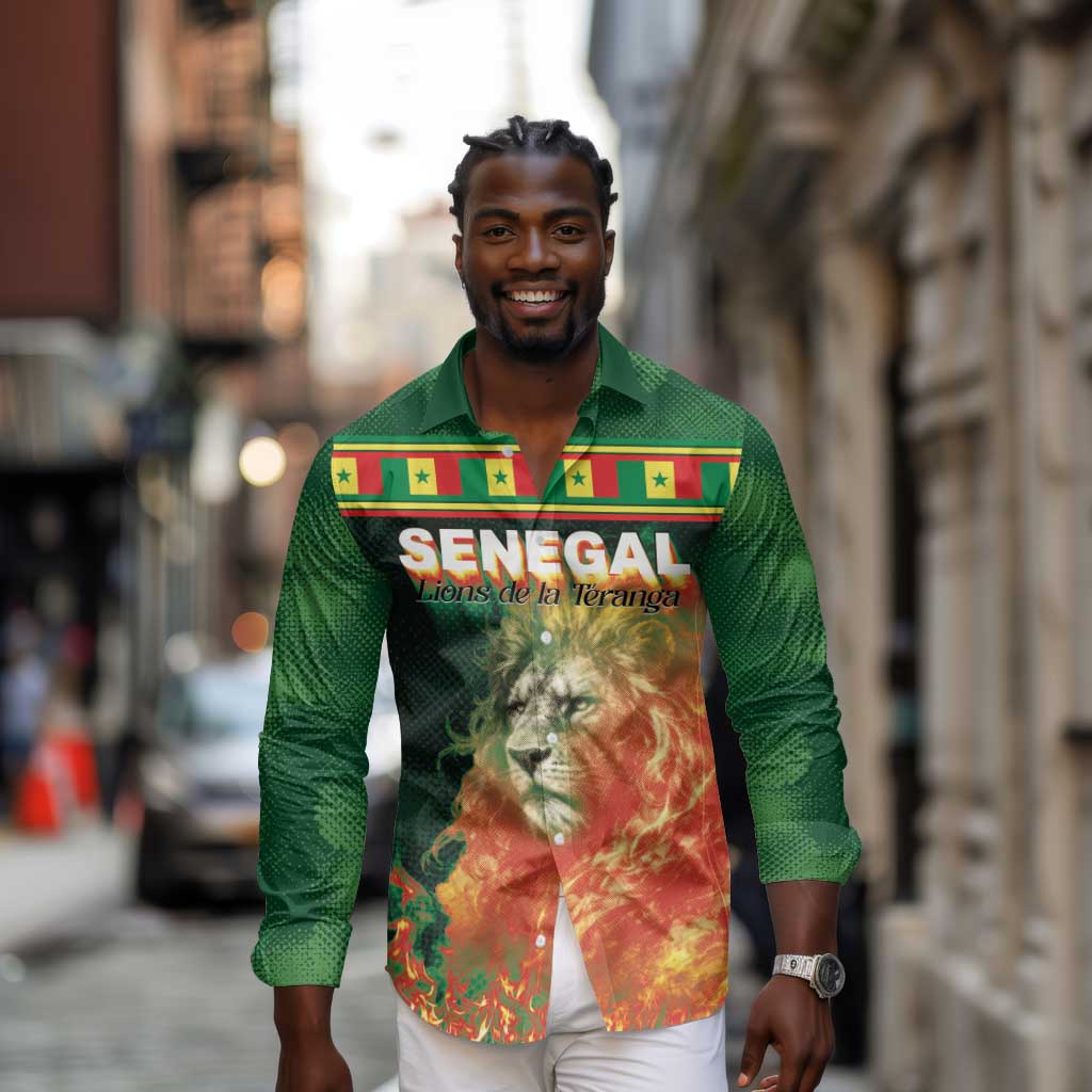 Custom Senegal Football Long Sleeve Button Shirt Fiery Lion Halftone Mix Gradient Map Style