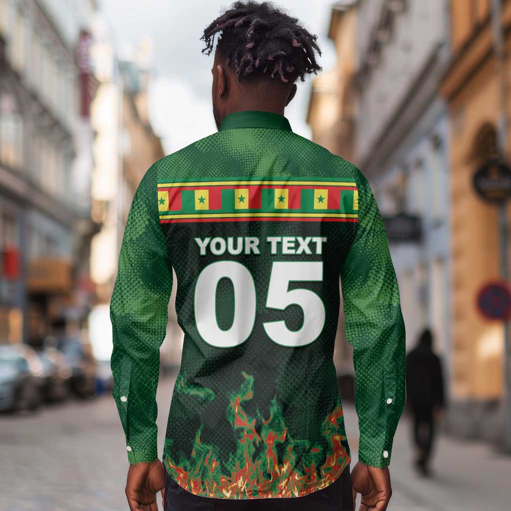 Custom Senegal Football Long Sleeve Button Shirt Fiery Lion Halftone Mix Gradient Map Style