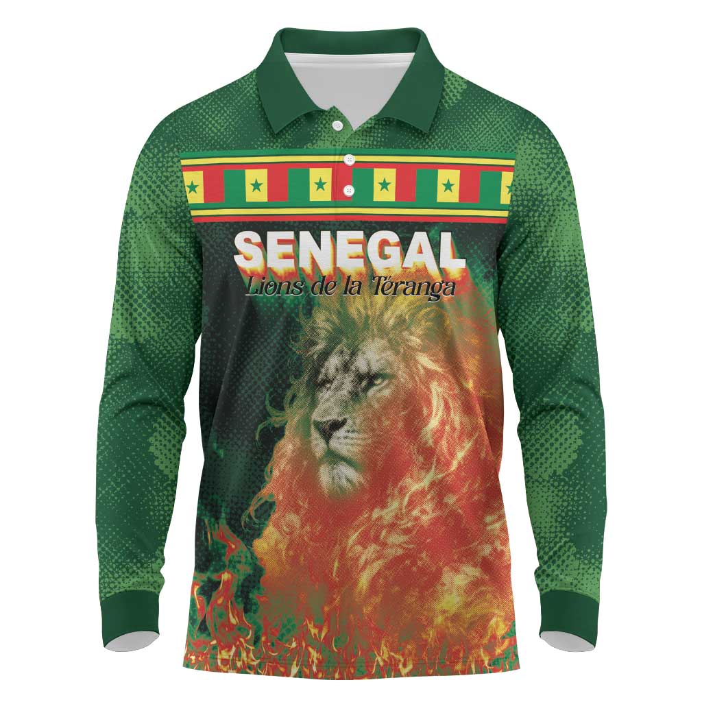 Custom Senegal Football Long Sleeve Polo Shirt Fiery Lion Halftone Mix Gradient Map Style