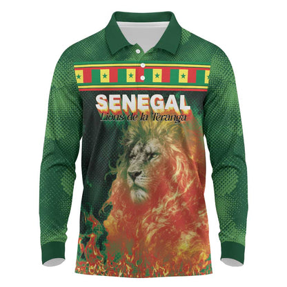 Custom Senegal Football Long Sleeve Polo Shirt Fiery Lion Halftone Mix Gradient Map Style