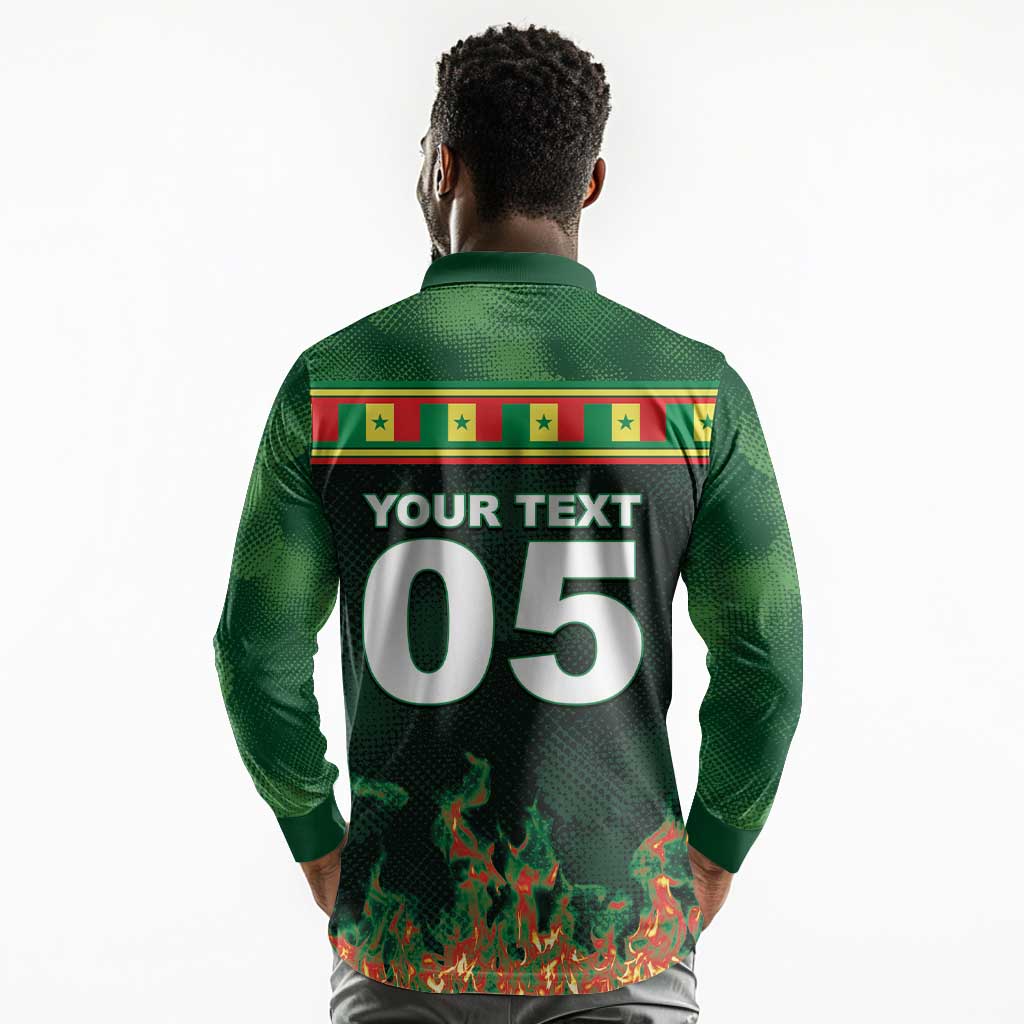 Custom Senegal Football Long Sleeve Polo Shirt Fiery Lion Halftone Mix Gradient Map Style