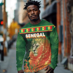 Custom Senegal Football Long Sleeve Shirt Fiery Lion Halftone Mix Gradient Map Style