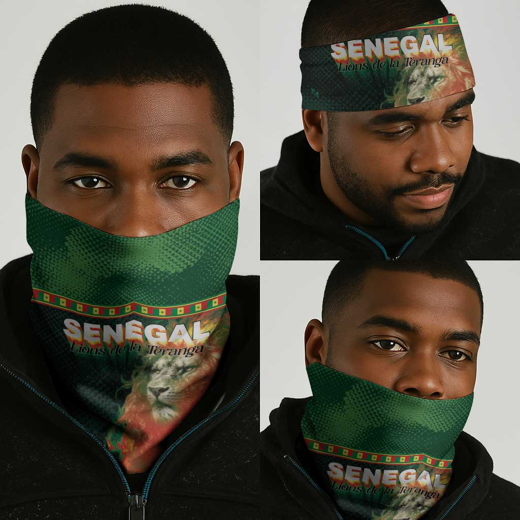 Senegal Football Neck Gaiter Fiery Lion Halftone Mix Gradient Map Style