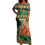 Custom Senegal Football Off Shoulder Maxi Dress Fiery Lion Halftone Mix Gradient Map Style