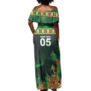 Custom Senegal Football Off Shoulder Maxi Dress Fiery Lion Halftone Mix Gradient Map Style