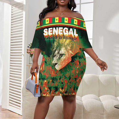 Custom Senegal Football Off Shoulder Short Dress Fiery Lion Halftone Mix Gradient Map Style