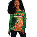 Custom Senegal Football Off Shoulder Sweater Fiery Lion Halftone Mix Gradient Map Style