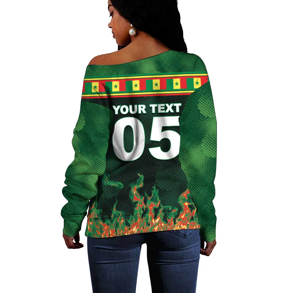 Custom Senegal Football Off Shoulder Sweater Fiery Lion Halftone Mix Gradient Map Style
